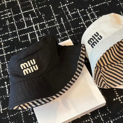 MIUMIU CLASSIC REVERSIBLE BUCKET HAT IN LIGHT BEIGE AND BLACK FABRIC
