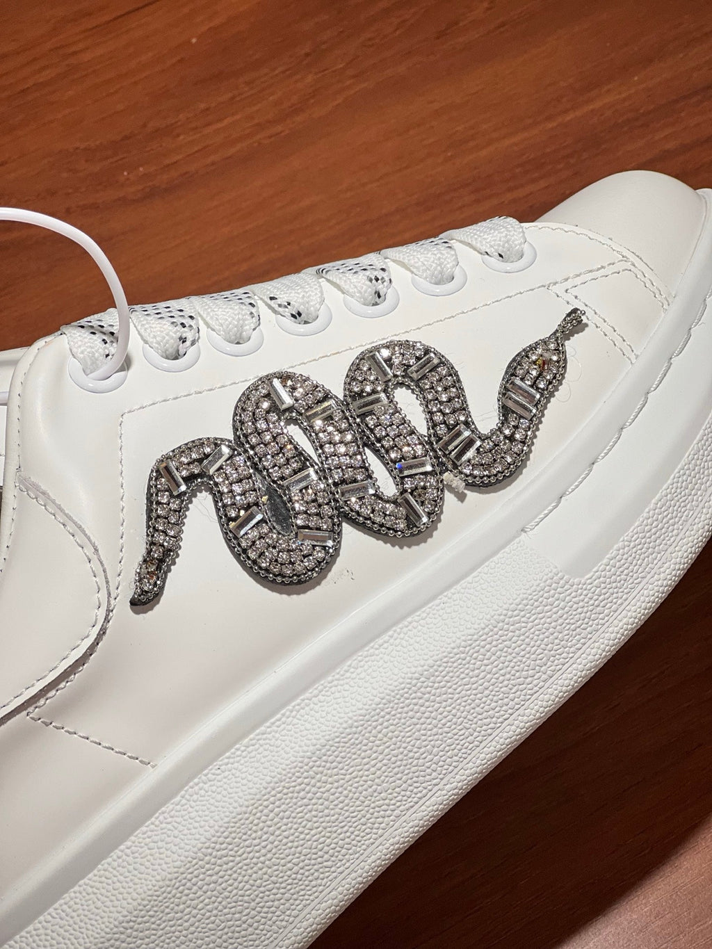 OVERSIZED SNEAKERS IN WHITE CALFSKIN EMBROIDERED SILVER CRYSTAL SNAKE