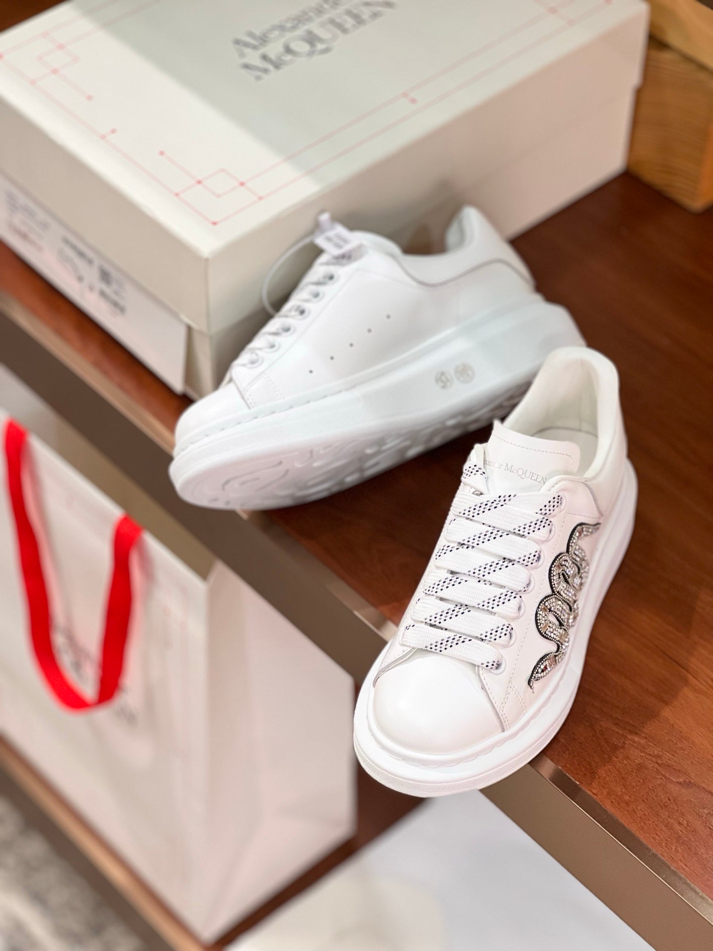 OVERSIZED SNEAKERS IN WHITE CALFSKIN EMBROIDERED SILVER CRYSTAL SNAKE