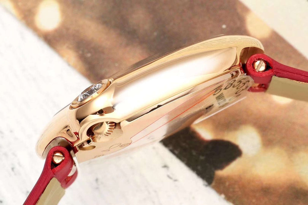 BALLON BLANC DE CARTIER WATCH GOLD CASE WITH CHERRY RED CALFSKIN