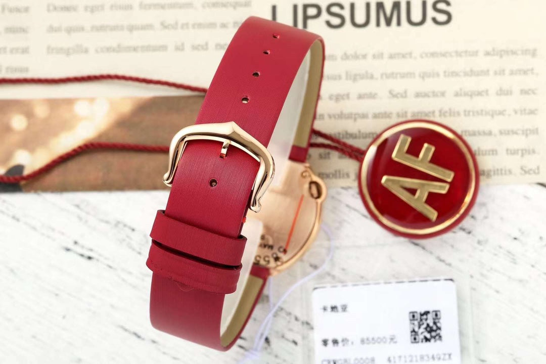 BALLON BLANC DE CARTIER WATCH GOLD CASE WITH CHERRY RED CALFSKIN