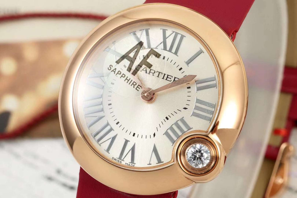 BALLON BLANC DE CARTIER WATCH GOLD CASE WITH CHERRY RED CALFSKIN