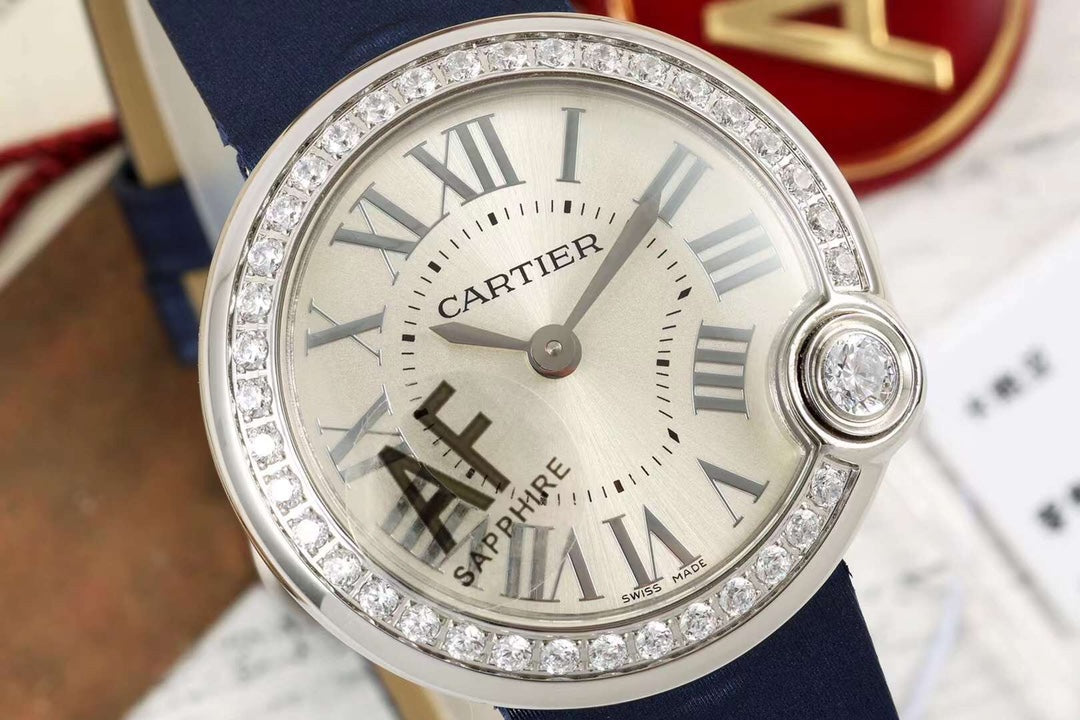 BALLON BLANC DE CARTIER WATCH GOLD CASE AND NAVY BLUE CALFSKIN WITH CRYSTALS