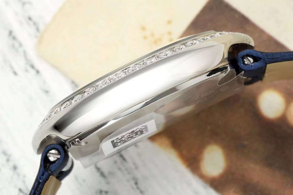 BALLON BLANC DE CARTIER WATCH GOLD CASE AND NAVY BLUE CALFSKIN WITH CRYSTALS