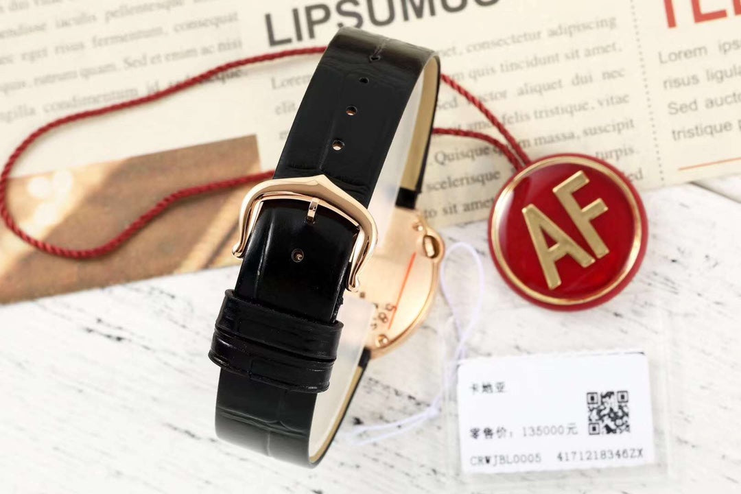 BALLON BLANC DE CARTIER WATCH GOLD CASE AND BLACK CALFSKIN WITH CRYSTALS