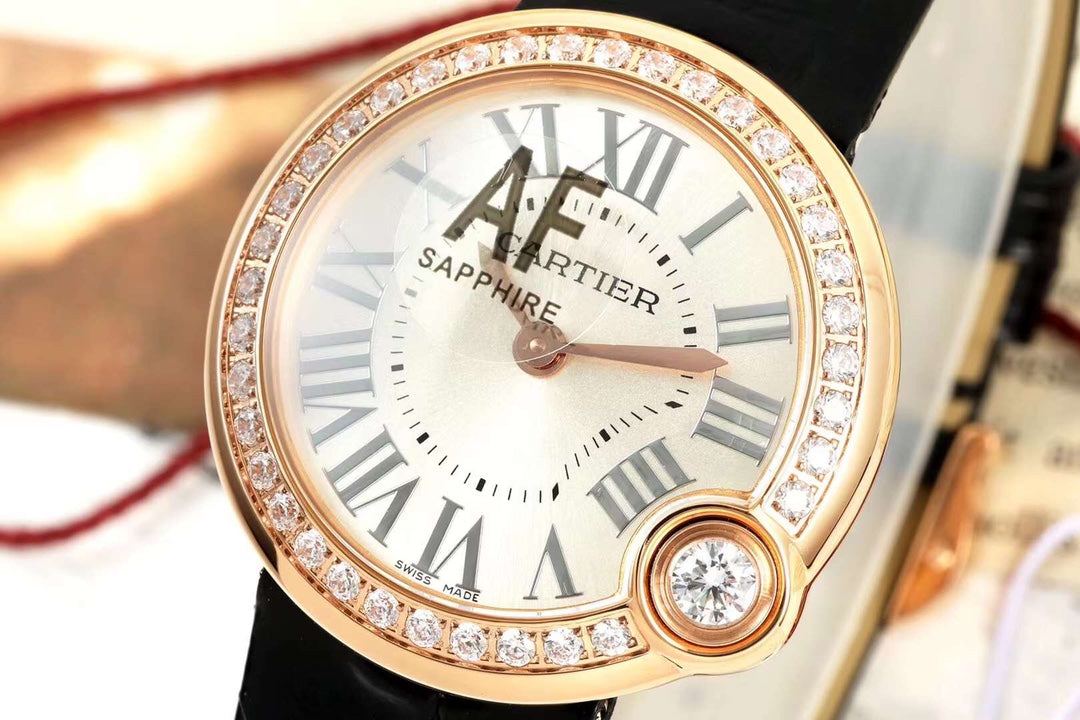 BALLON BLANC DE CARTIER WATCH GOLD CASE AND BLACK CALFSKIN WITH CRYSTALS