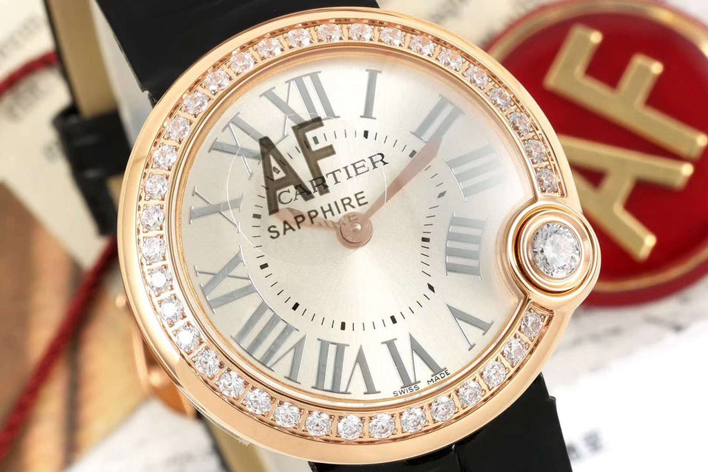 BALLON BLANC DE CARTIER WATCH GOLD CASE AND BLACK CALFSKIN WITH CRYSTALS