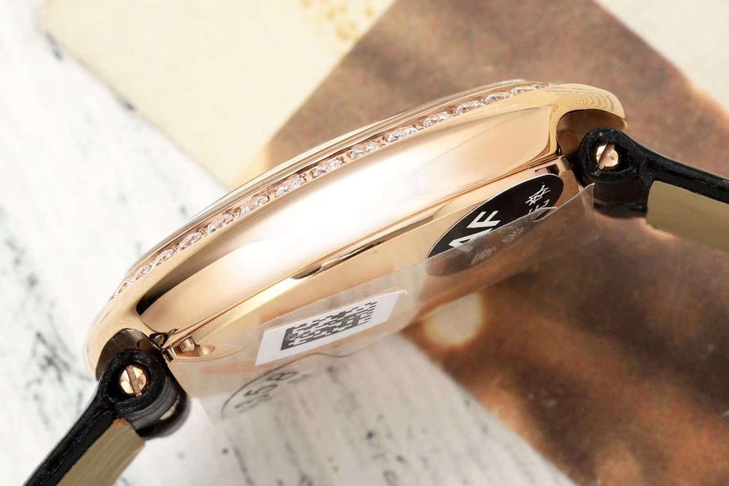 BALLON BLANC DE CARTIER WATCH GOLD CASE AND BLACK CALFSKIN WITH CRYSTALS