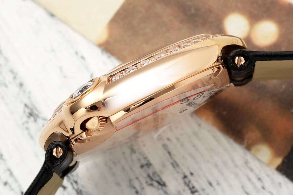 BALLON BLANC DE CARTIER WATCH GOLD CASE AND BLACK CALFSKIN WITH CRYSTALS