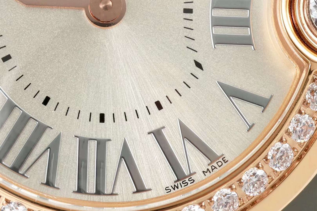BALLON BLANC DE CARTIER WATCH GOLD CASE AND WARM GRAY CALFSKIN WITH CRYSTALS