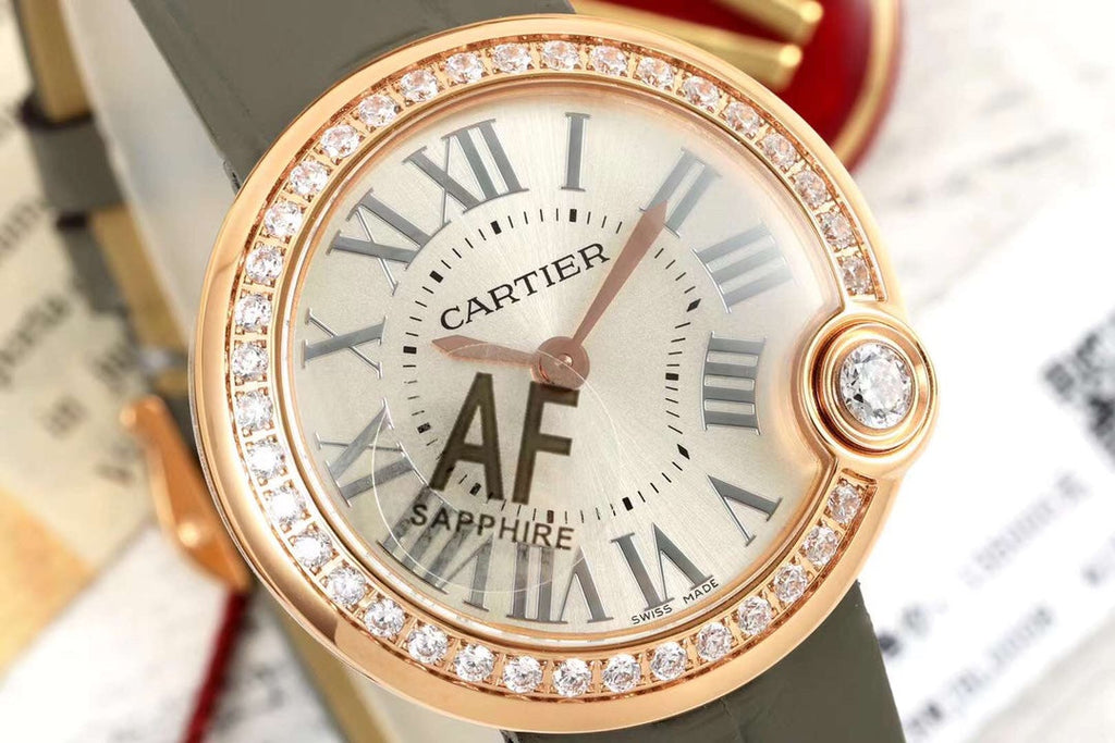 BALLON BLANC DE CARTIER WATCH GOLD CASE AND WARM GRAY CALFSKIN WITH CRYSTALS