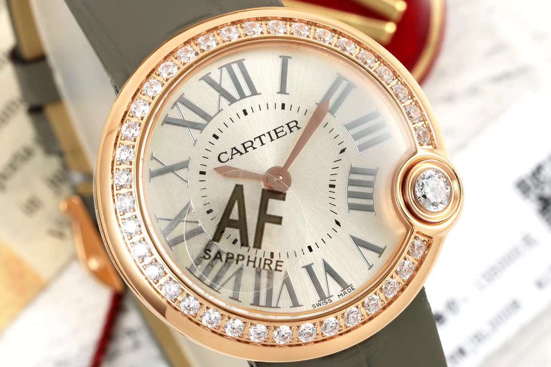 BALLON BLANC DE CARTIER WATCH GOLD CASE AND WARM GRAY CALFSKIN WITH CRYSTALS