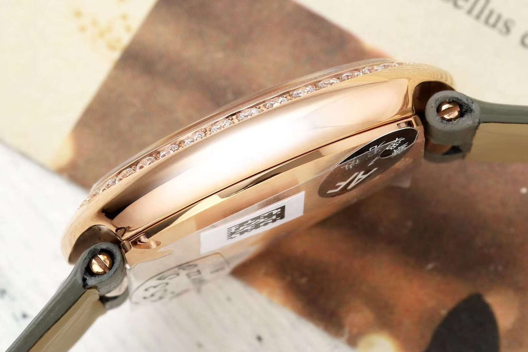 BALLON BLANC DE CARTIER WATCH GOLD CASE AND WARM GRAY CALFSKIN WITH CRYSTALS
