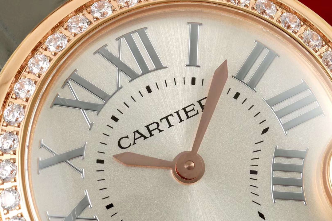 BALLON BLANC DE CARTIER WATCH GOLD CASE AND WARM GRAY CALFSKIN WITH CRYSTALS