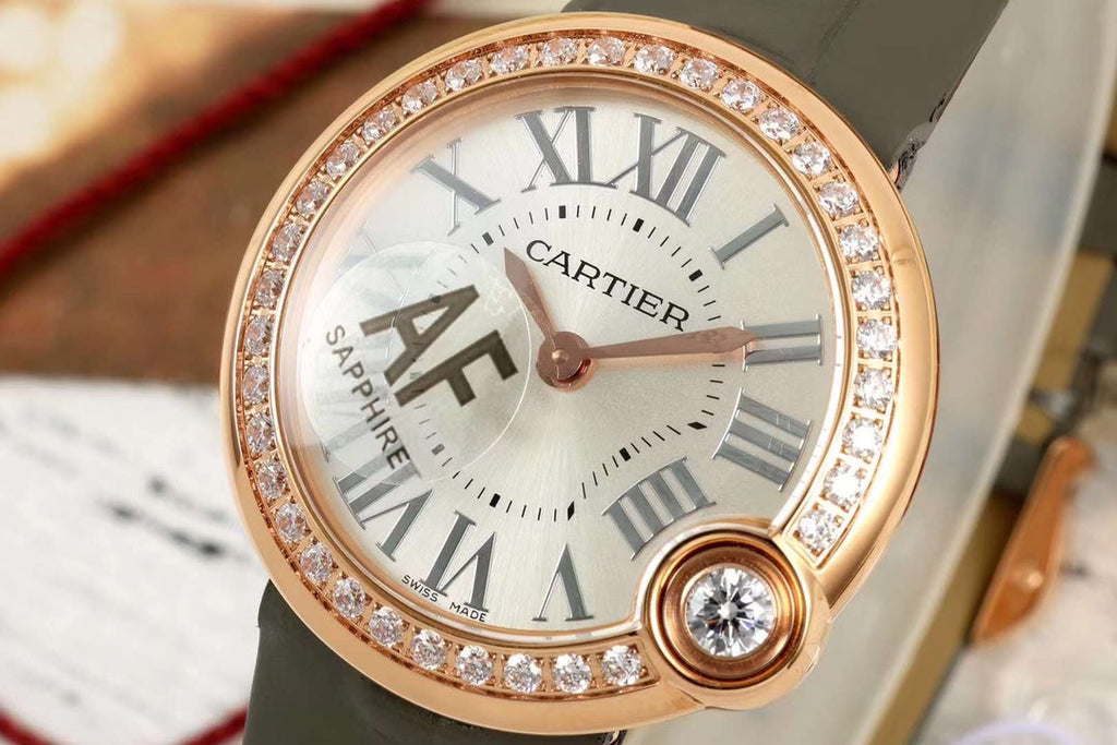 BALLON BLANC DE CARTIER WATCH GOLD CASE AND WARM GRAY CALFSKIN WITH CRYSTALS
