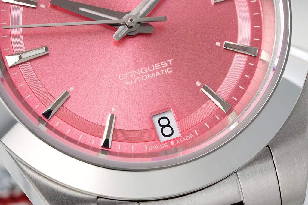 CONQUEST WATCH SILVER CASE WITH BABY PINK DIAL