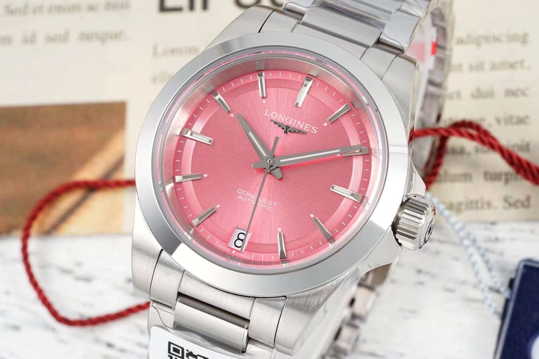 CONQUEST WATCH SILVER CASE WITH BABY PINK DIAL
