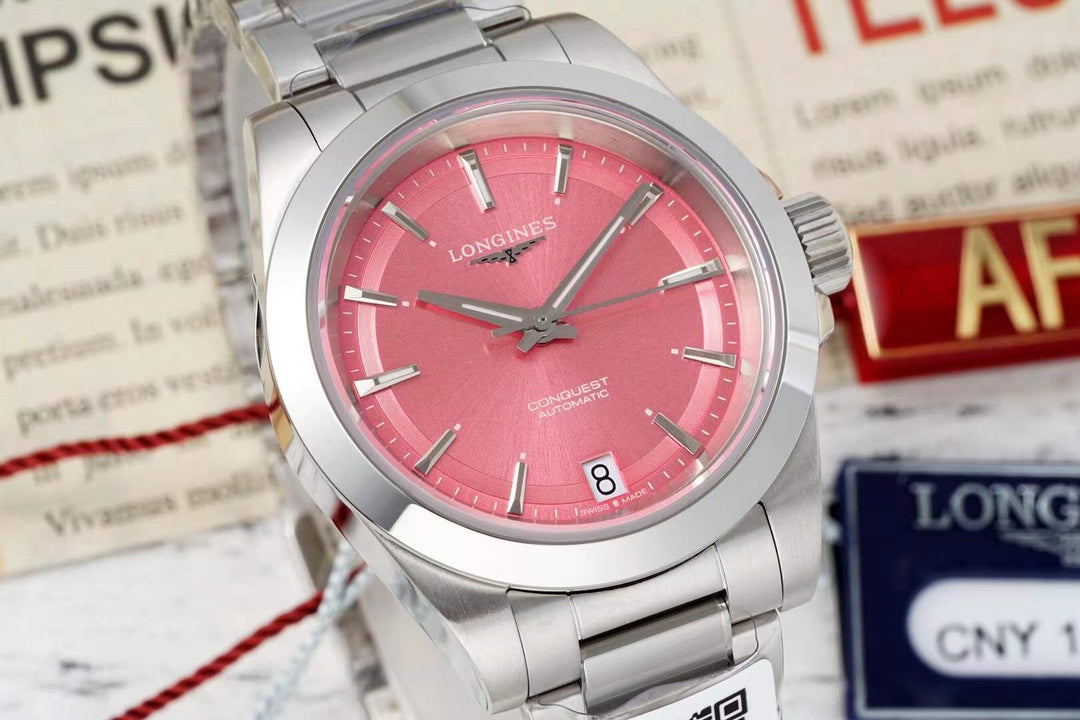 CONQUEST WATCH SILVER CASE WITH BABY PINK DIAL