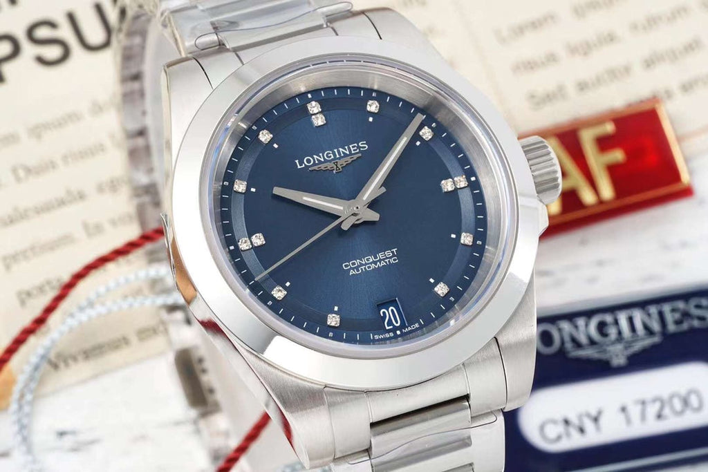 CONQUEST WATCH SILVER CASE WITH NAVY BLUE DIAL