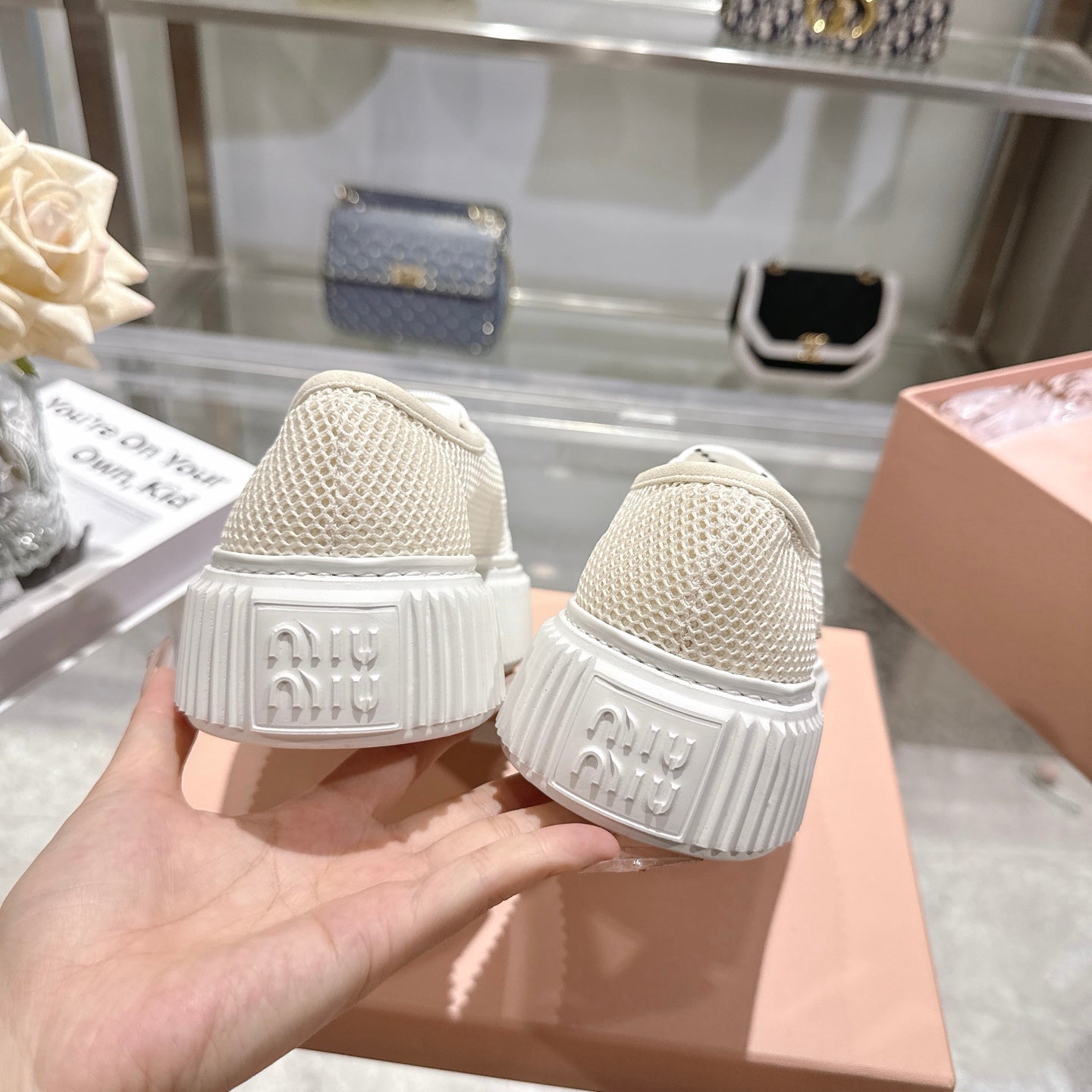 MIUMIU 26S SNEAKER 45MM IN LIGHT BEIGE MESH FABRIC