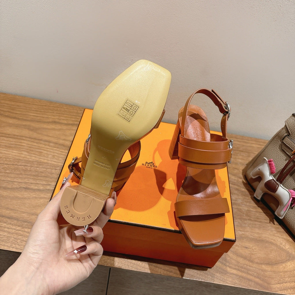 HM 26S GIGI 85 SANDAL IN CARAMEL BROWN CALFSKIN SILVER HARDWARE