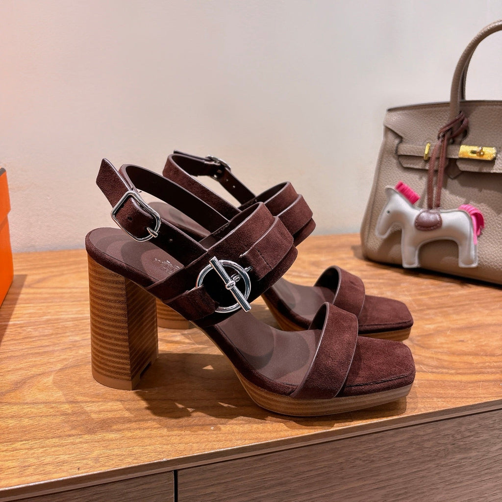 HM 26S GIGI 85 SANDAL IN DARK BROWN SUEDE SILVER HARDWARE
