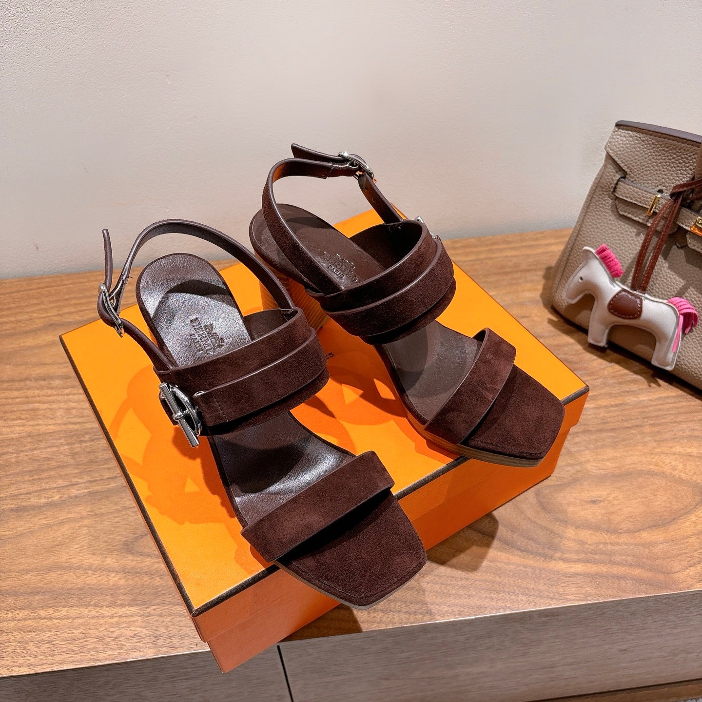 HM 26S GIGI 85 SANDAL IN DARK BROWN SUEDE SILVER HARDWARE