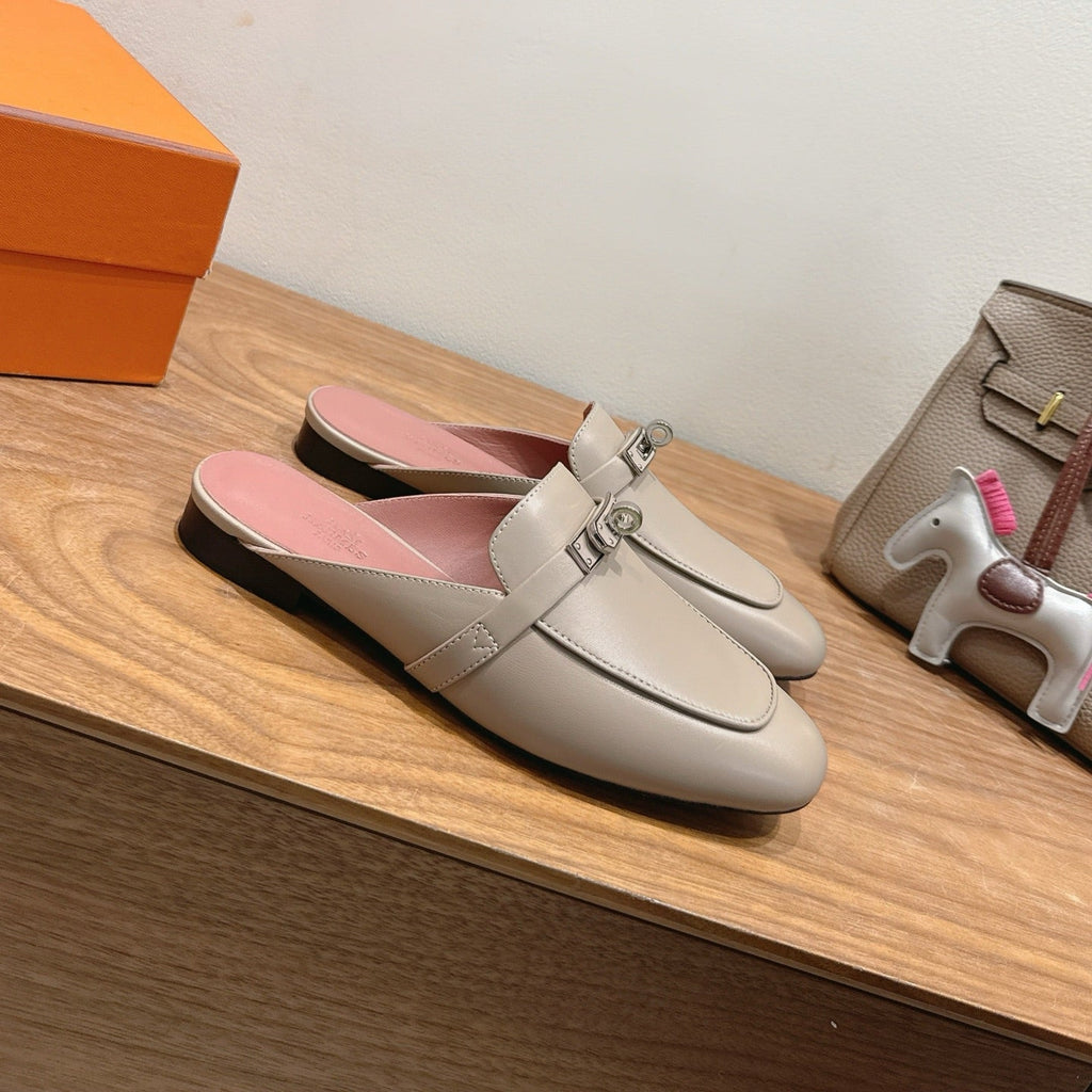 HM 26S KELLY MULE IN GREY BEIGE CALFSKIN SILVER HARDWARE