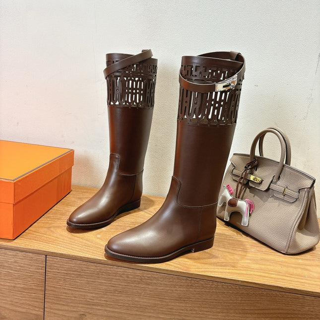 HM 26S PERFORATED HIGH-TOP BOOTS IN BROWN CALFSKIN