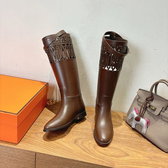 HM 26S PERFORATED HIGH-TOP BOOTS IN BROWN CALFSKIN