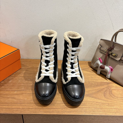 HM 26S SHEARLING LACE-UP BOOTS IN BLACK CALFSKIN AND SUEDE