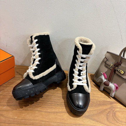 HM 26S SHEARLING LACE-UP BOOTS IN BLACK CALFSKIN AND SUEDE
