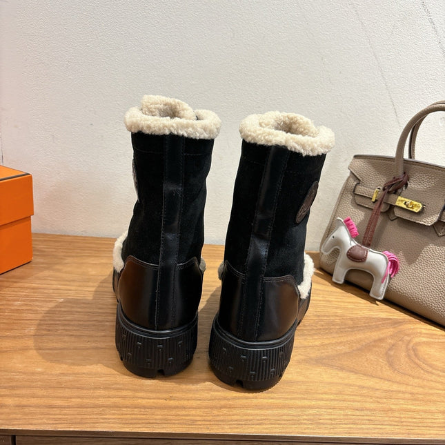 HM 26S SHEARLING LACE-UP BOOTS IN BLACK CALFSKIN AND SUEDE
