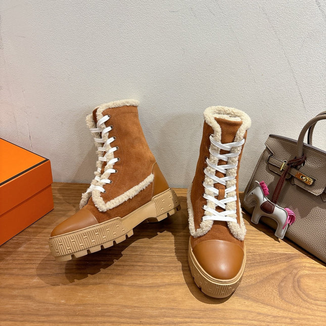 HM 26S SHEARLING LACE-UP BOOTS IN BROWN CALFSKIN AND SUEDE