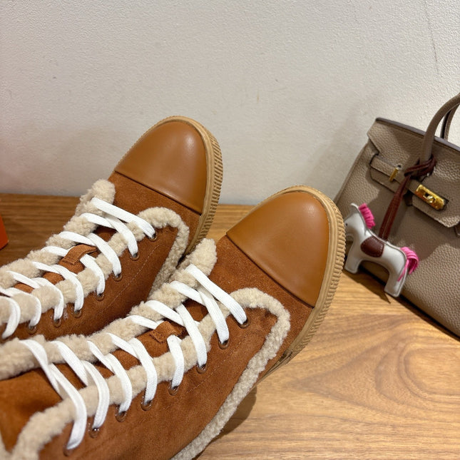 HM 26S SHEARLING LACE-UP BOOTS IN BROWN CALFSKIN AND SUEDE
