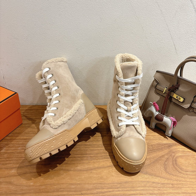 HM 26S SHEARLING LACE-UP BOOTS IN BEIGE CALFSKIN AND SUEDE