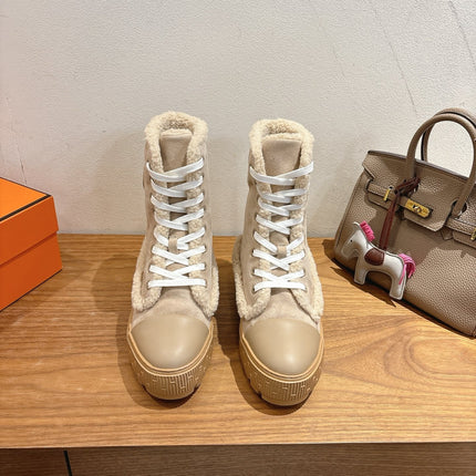 HM 26S SHEARLING LACE-UP BOOTS IN BEIGE CALFSKIN AND SUEDE