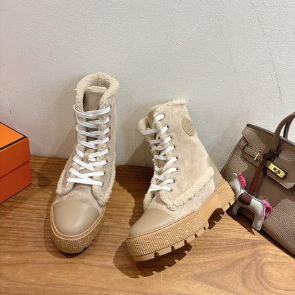 HM 26S SHEARLING LACE-UP BOOTS IN BEIGE CALFSKIN AND SUEDE