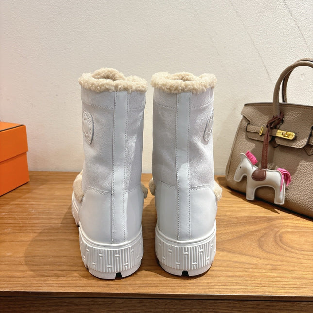 HM 26S SHEARLING LACE-UP BOOTS IN WHITE CALFSKIN AND SUEDE