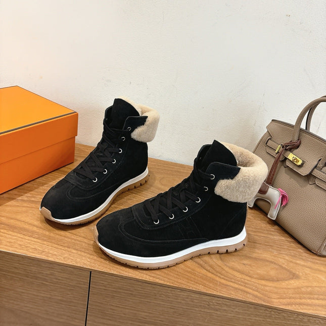 HM 26S FUR-LINED HIGH TOP SNEAKERS IN BLACK SUEDE