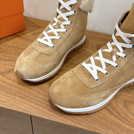 HM 26S FUR-LINED HIGH TOP SNEAKERS IN WARM BEIGE SUEDE
