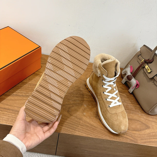 HM 26S FUR-LINED HIGH TOP SNEAKERS IN WARM BEIGE SUEDE
