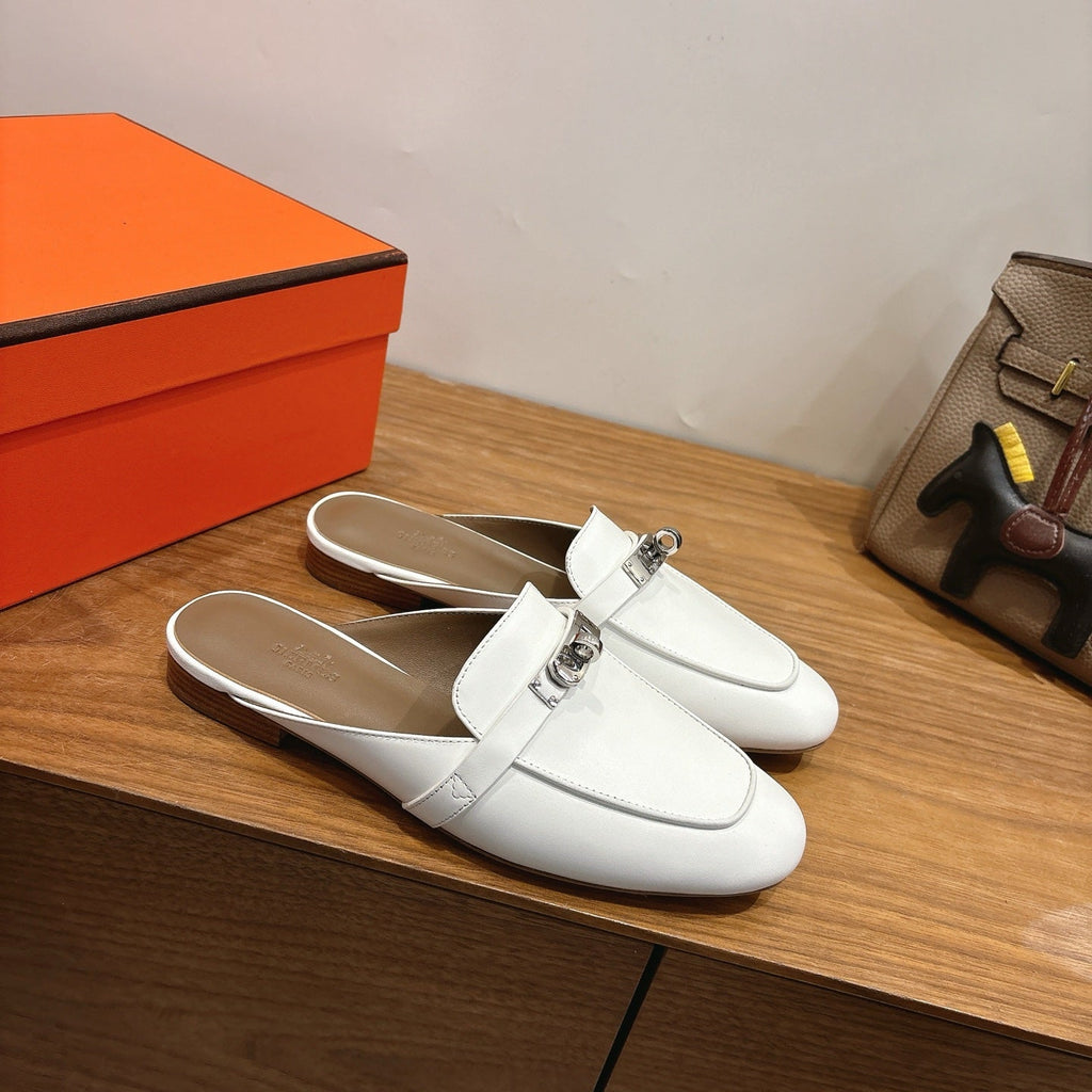 HM 26S KELLY MULE IN WHITE AND BROWN CALFSKIN SILVER HARDWARE