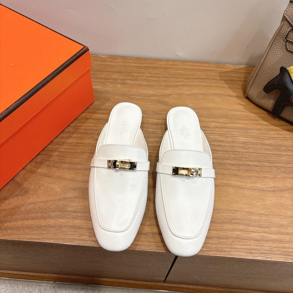 HM 26S KELLY MULE IN WHITE CALFSKIN GOLD HARDWARE