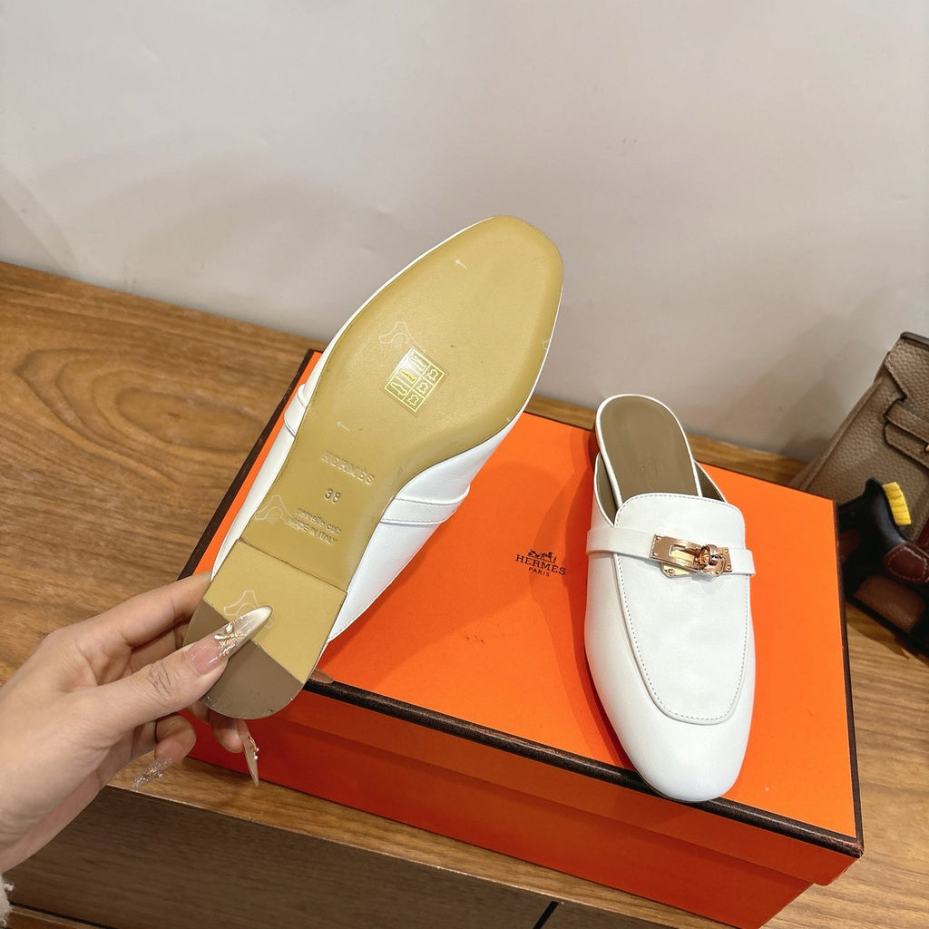 HM 26S KELLY MULE IN WHITE AND BROWN CALFSKIN GOLD HARDWARE