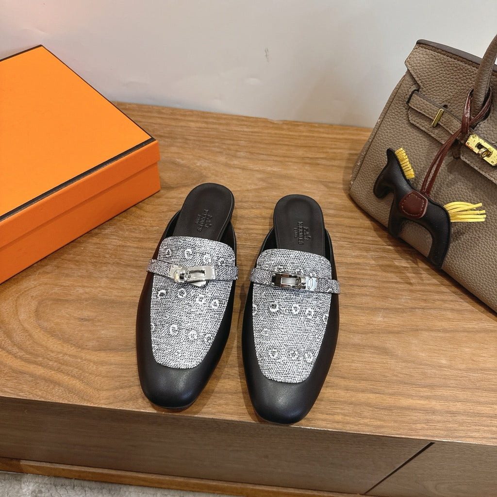 HM 26S OZ MULE IN BLACK CALFSKIN AND GREY CANVAS SILVER HARDWARE 02