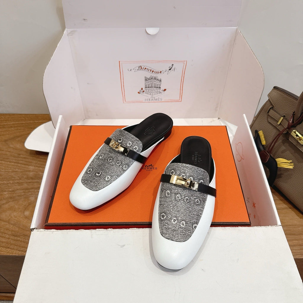 HM 26S OZ MULE IN WHITE CALFSKIN AND GREY CANVAS GOLD HARDWARE