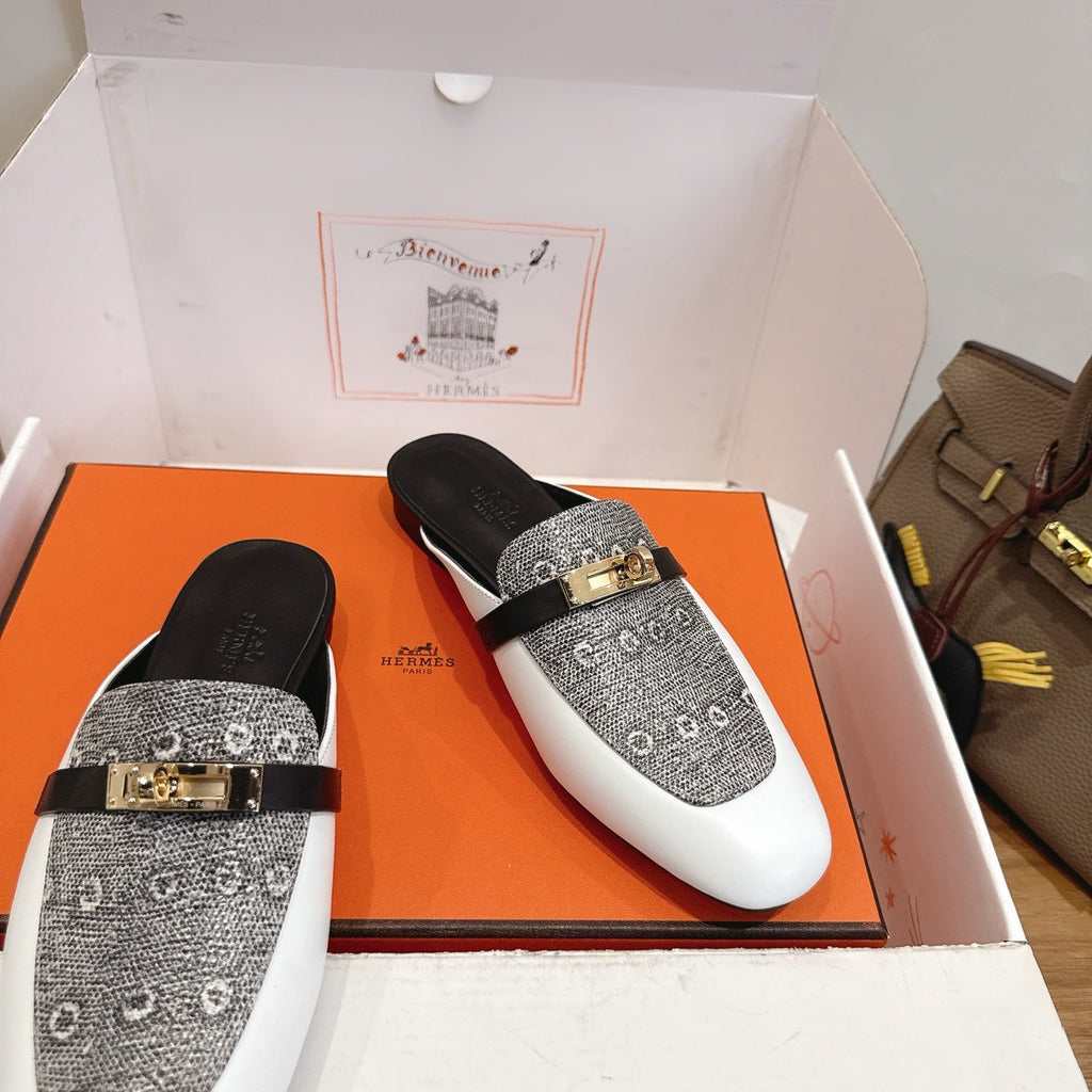 HM 26S OZ MULE IN WHITE CALFSKIN AND GREY CANVAS GOLD HARDWARE