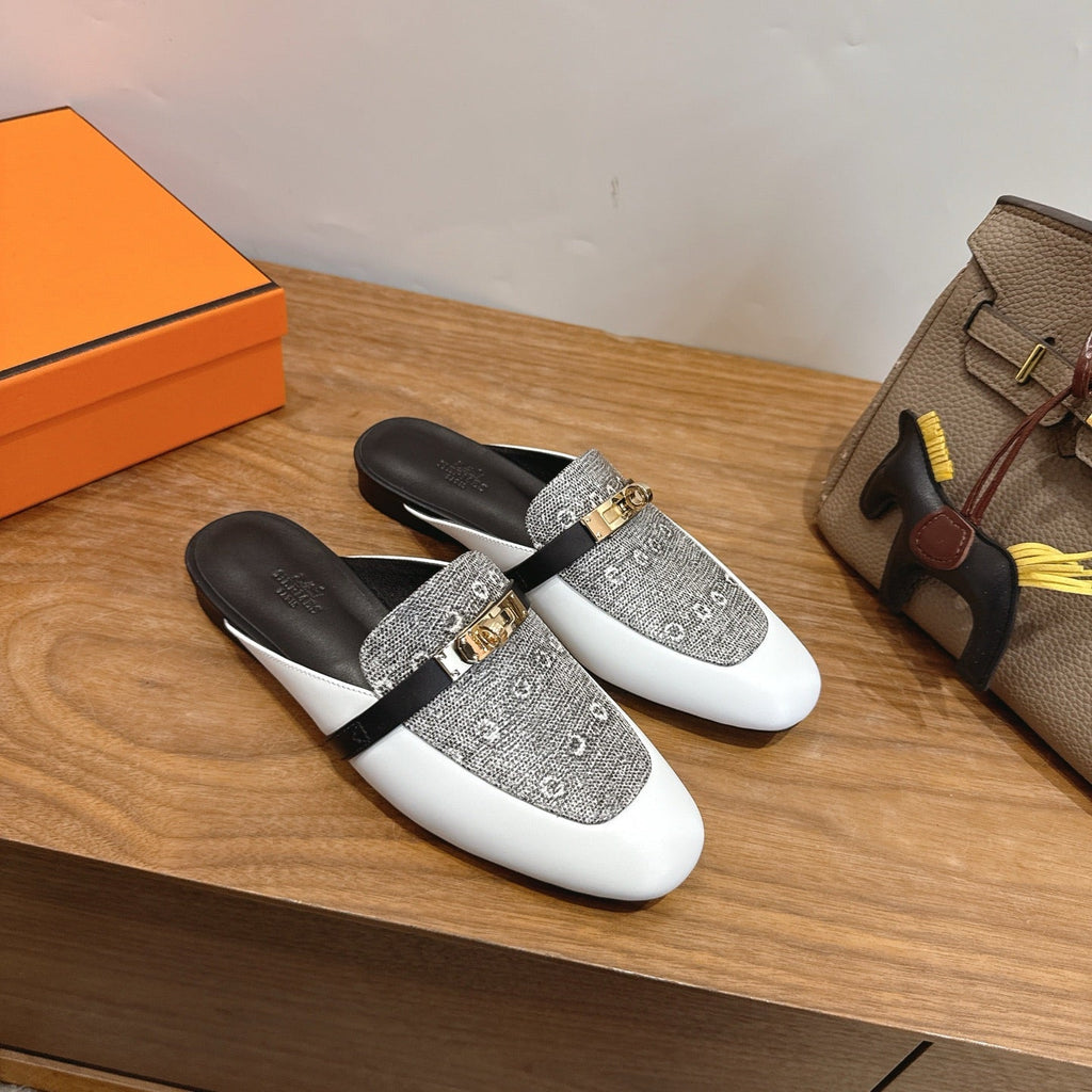 HM 26S OZ MULE IN WHITE CALFSKIN AND GREY CANVAS GOLD HARDWARE