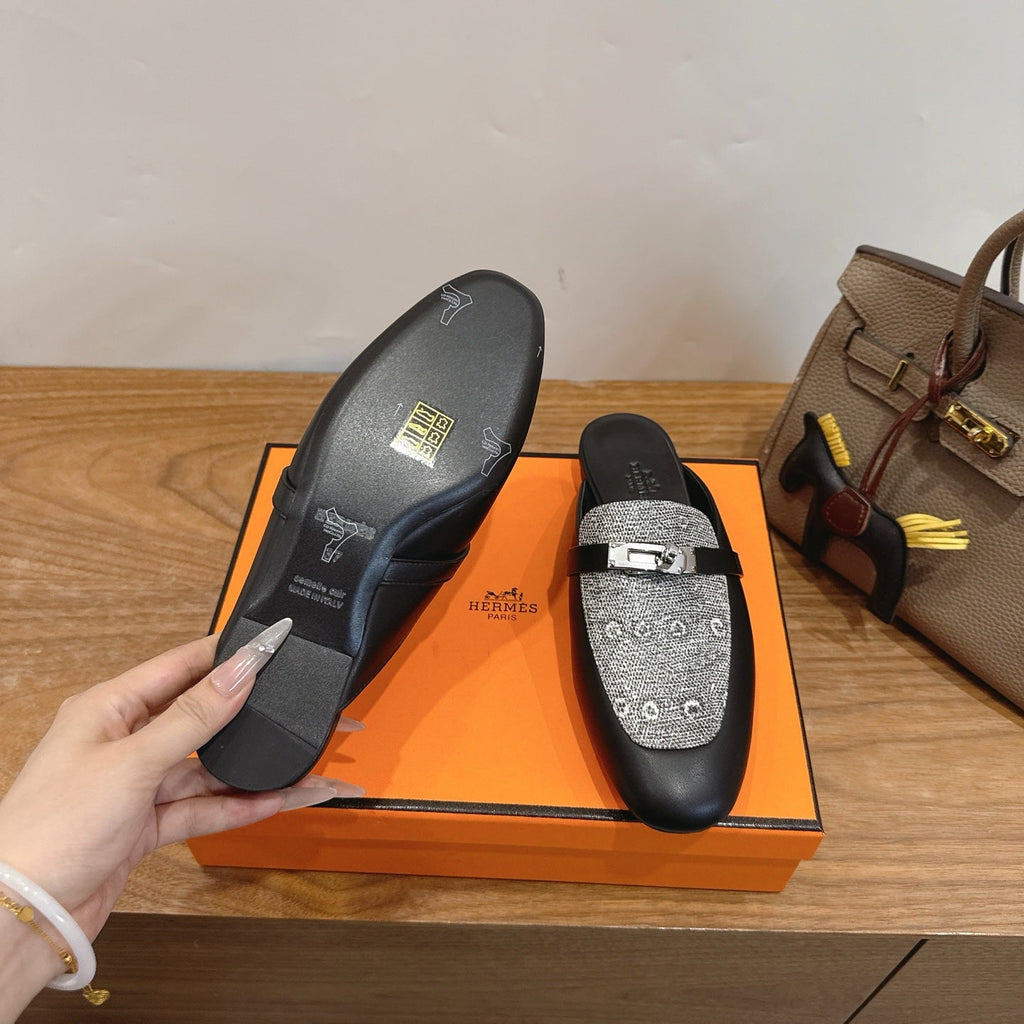 HM 26S OZ MULE IN BLACK CALFSKIN AND GREY CANVAS SILVER HARDWARE